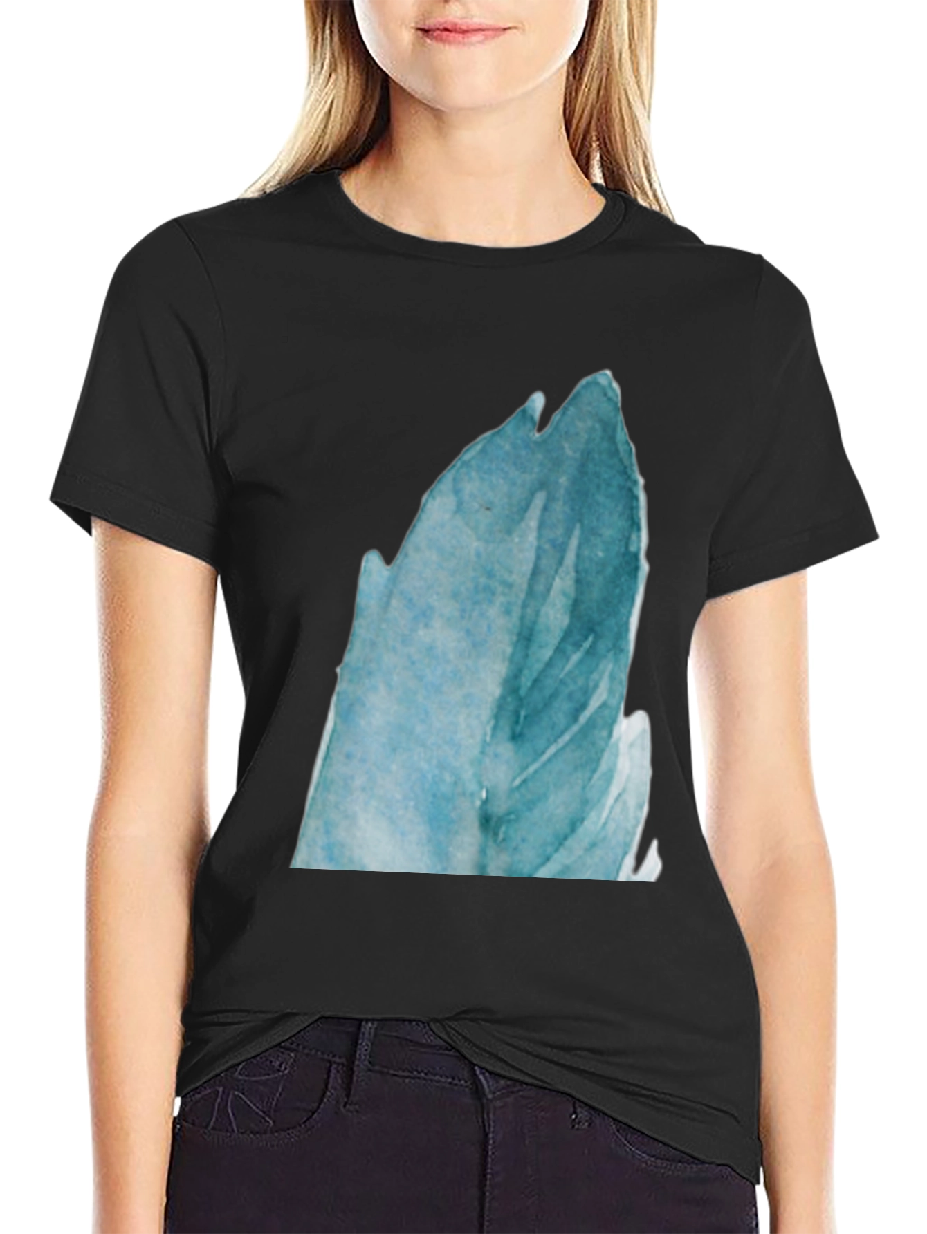 Abstract Blue Feather Print Black T-Shirt