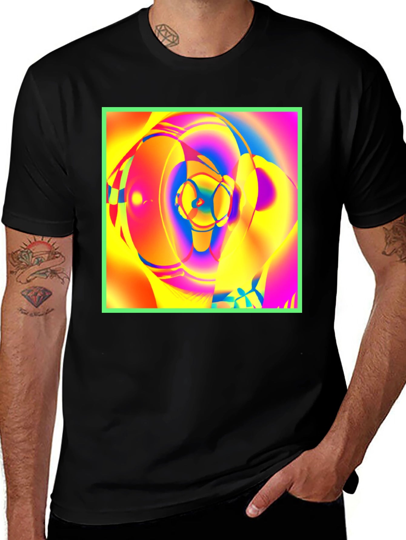 Abstract Art Graphic Tee - Vivid Colors Black Cotton
